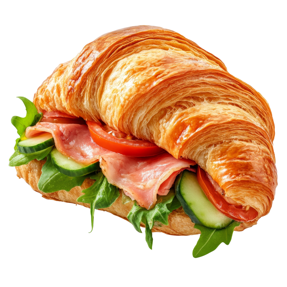 Delicious ham croissant sandwich featuring fresh tomato and cucumber for a satisfying brunch option, ham croissant sandwich with tomato and cucumber png