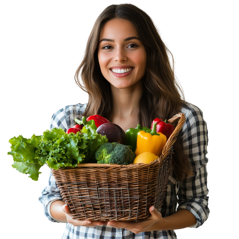 Young woman smiling while holding a basket full of fresh vegetables indoors against a transparent background, file no background Young woman holding a full shopping basket png