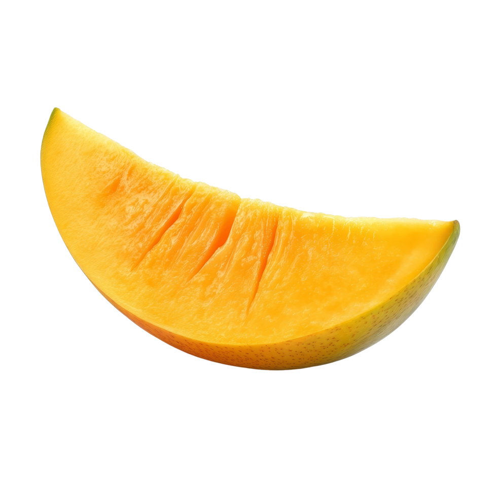 Fresh mango slice isolated on a clean transparent background showcasing its vibrant color and juicy texture, mango slice isolated on transparent background png
