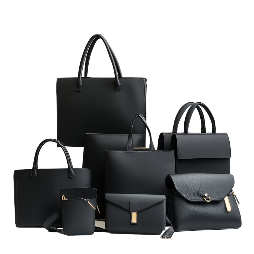 Stylish collection of sleek black bags arranged elegantly for fashion enthusiasts in a minimalist setting, Elegant Monsoon Black Bags, Sleek, Versatile Designs on a transparent background. png
