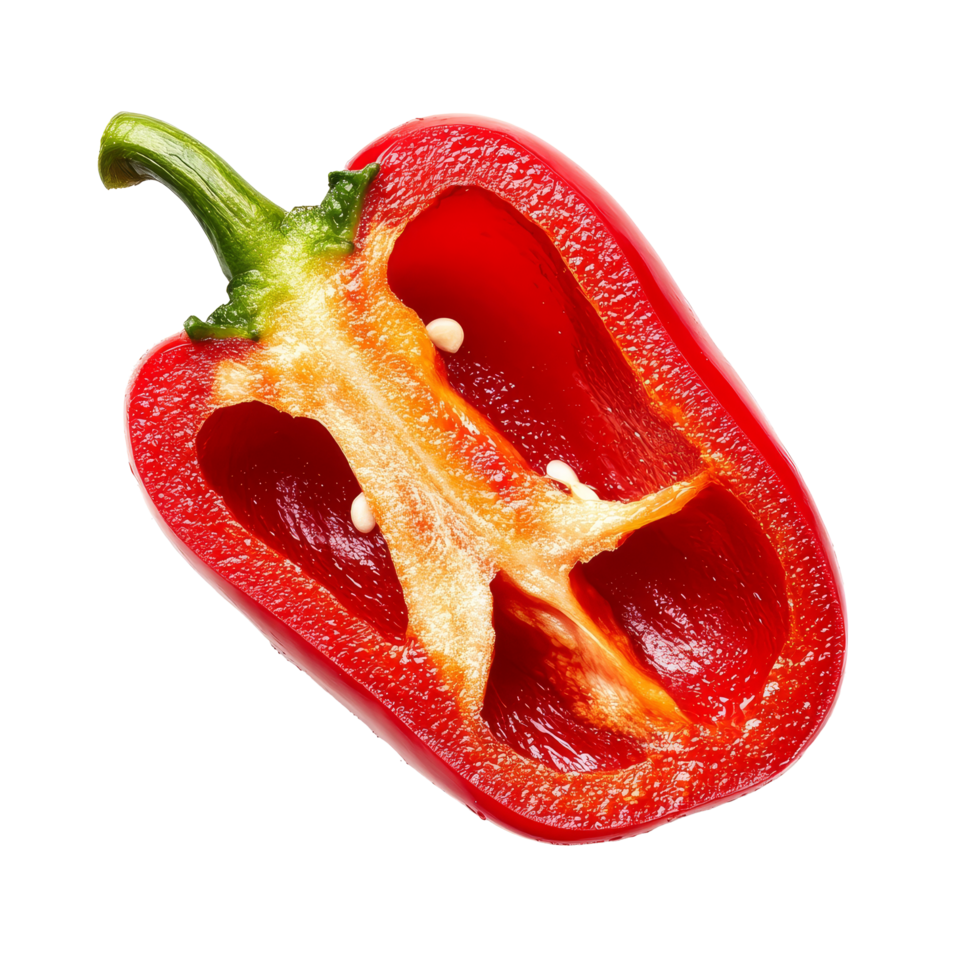 A vibrant red pepper is sliced in half, revealing its bright interior with seeds and unique texture, Sliced pepper isolated on transparent background png
