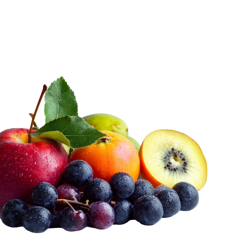 Fresh fruits including apples, grapes, and kiwi arranged on a clean transparent surface for a vibrant culinary display, vegetables and fruits on transparent background png