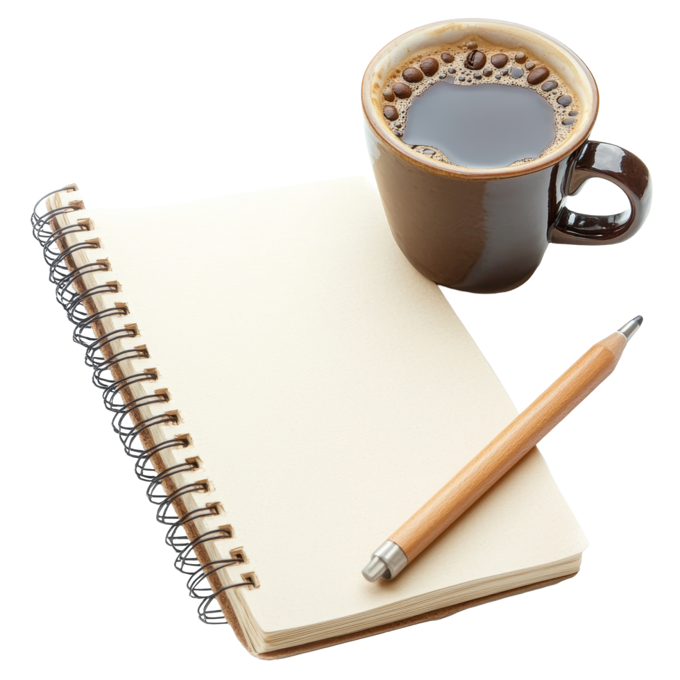 A cozy workspace with a notepad, pen, and cup of coffee on a clean transparent table for creative ideas, Note book and coffee on transparent background png