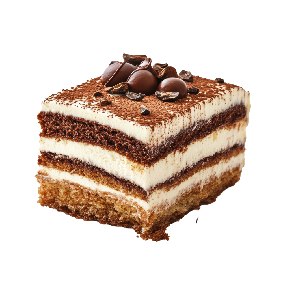 An isolated slice of tiramisu cake with coffee beans on top, served on a plain transparent plate, Isolated slice of tiramisu cake on transparent png