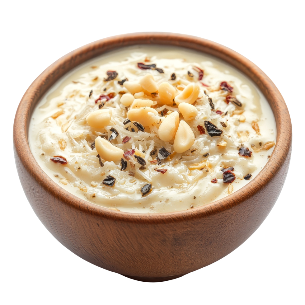 Delicious sheer khurma served in a wooden bowl, showcasing delicate vermicelli, nuts, and aromatic spices, Sheer khurma isolated on transparent background png