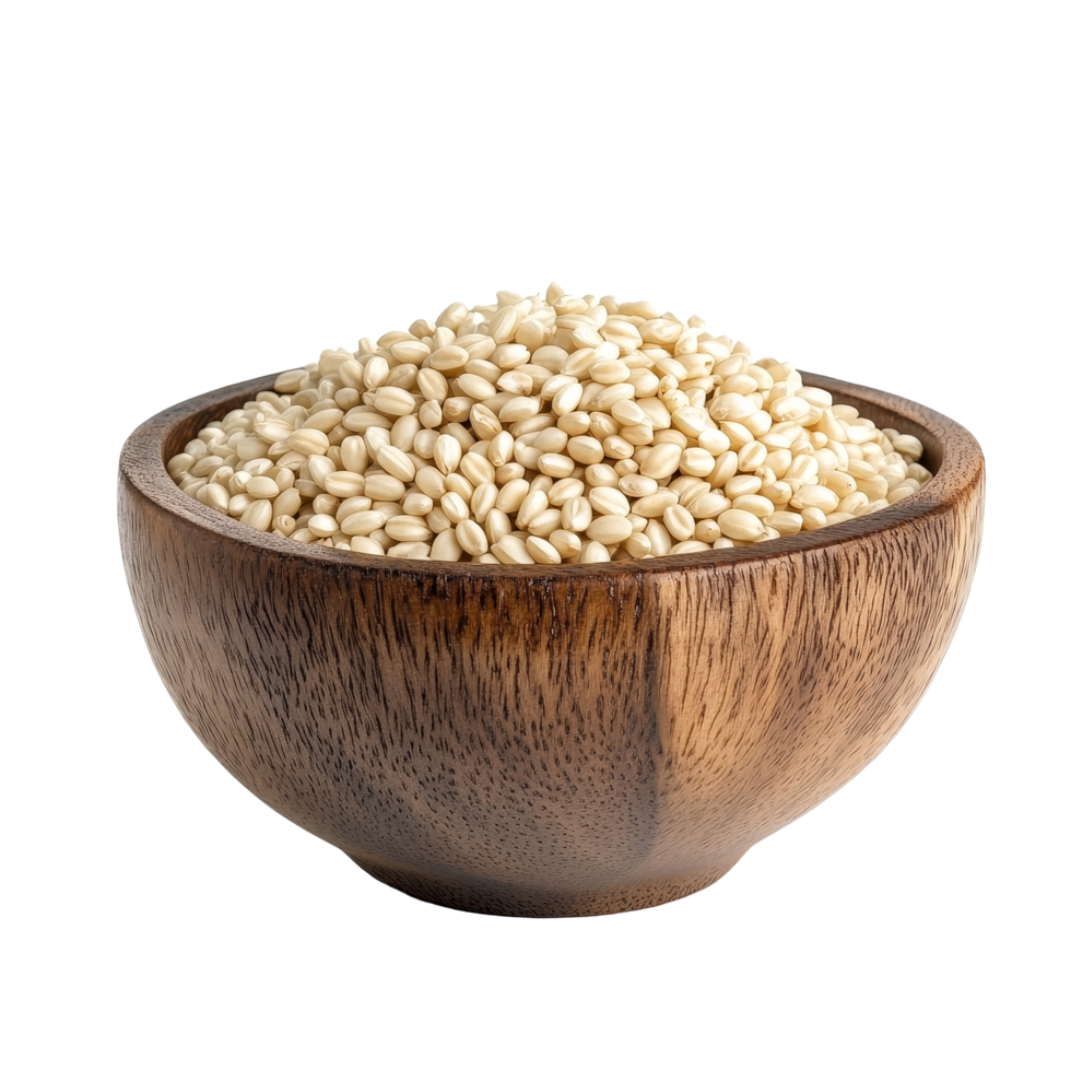 A rustic wooden bowl filled with pearl barley rests on a clean transparent background, ready for culinary use, Heap of pearl barley in wood bowl isolated on transparent background png