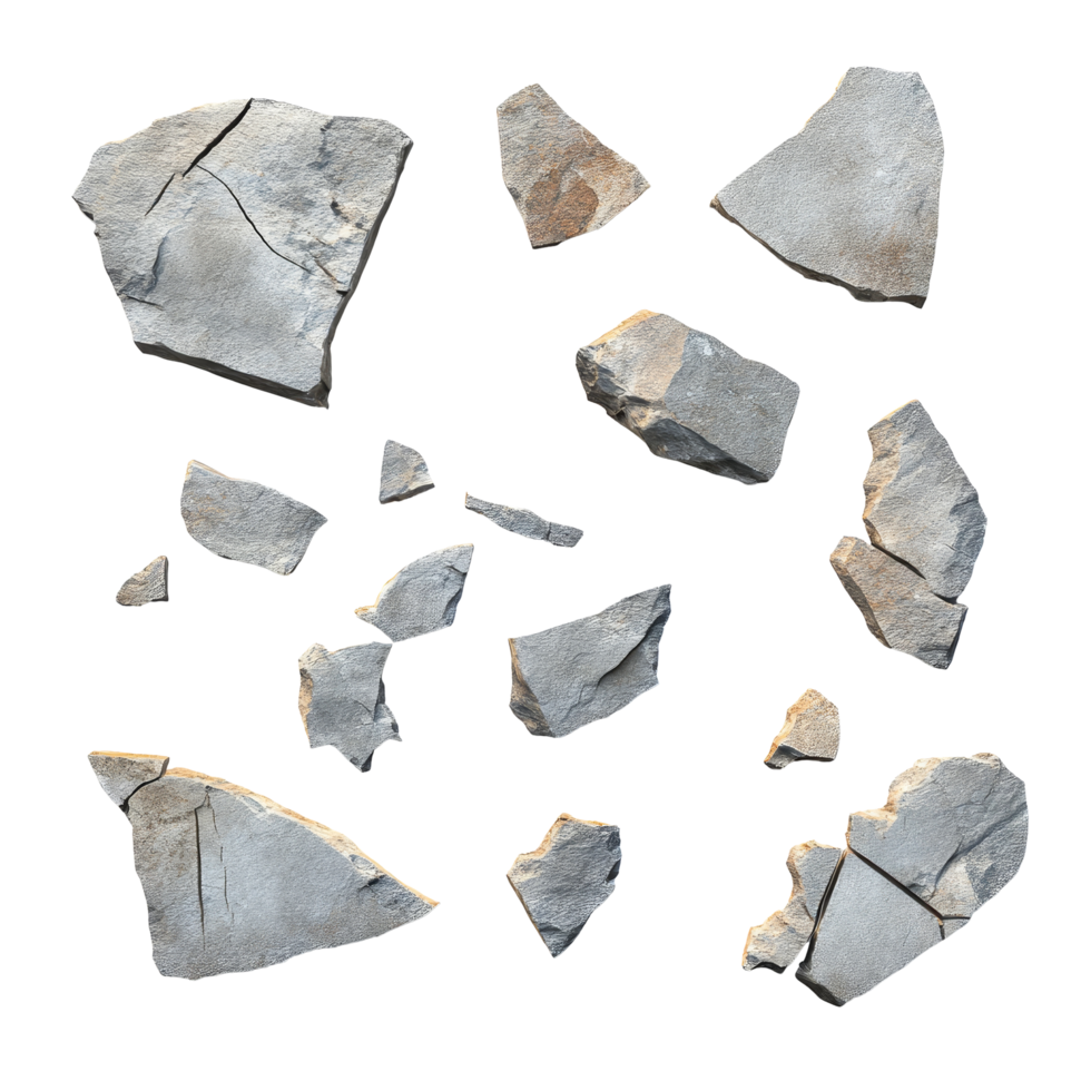 Scattered transparent stone fragments on a clean background highlight natural textures and patterns, Broken stone on a transparent background. Stone transparent background png