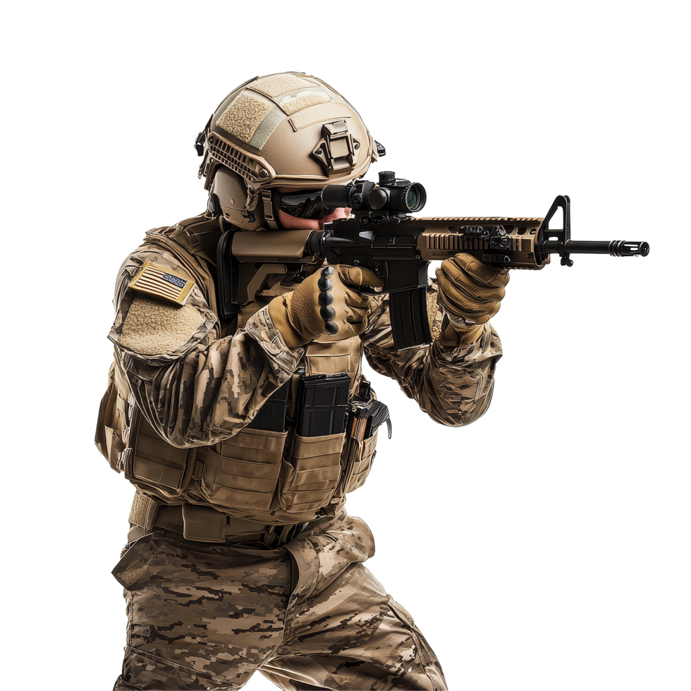 Fully geared soldier aiming rifle in tactical stance against plain transparent background, Fully Geared Soldier Holding Rifle on transparent background png