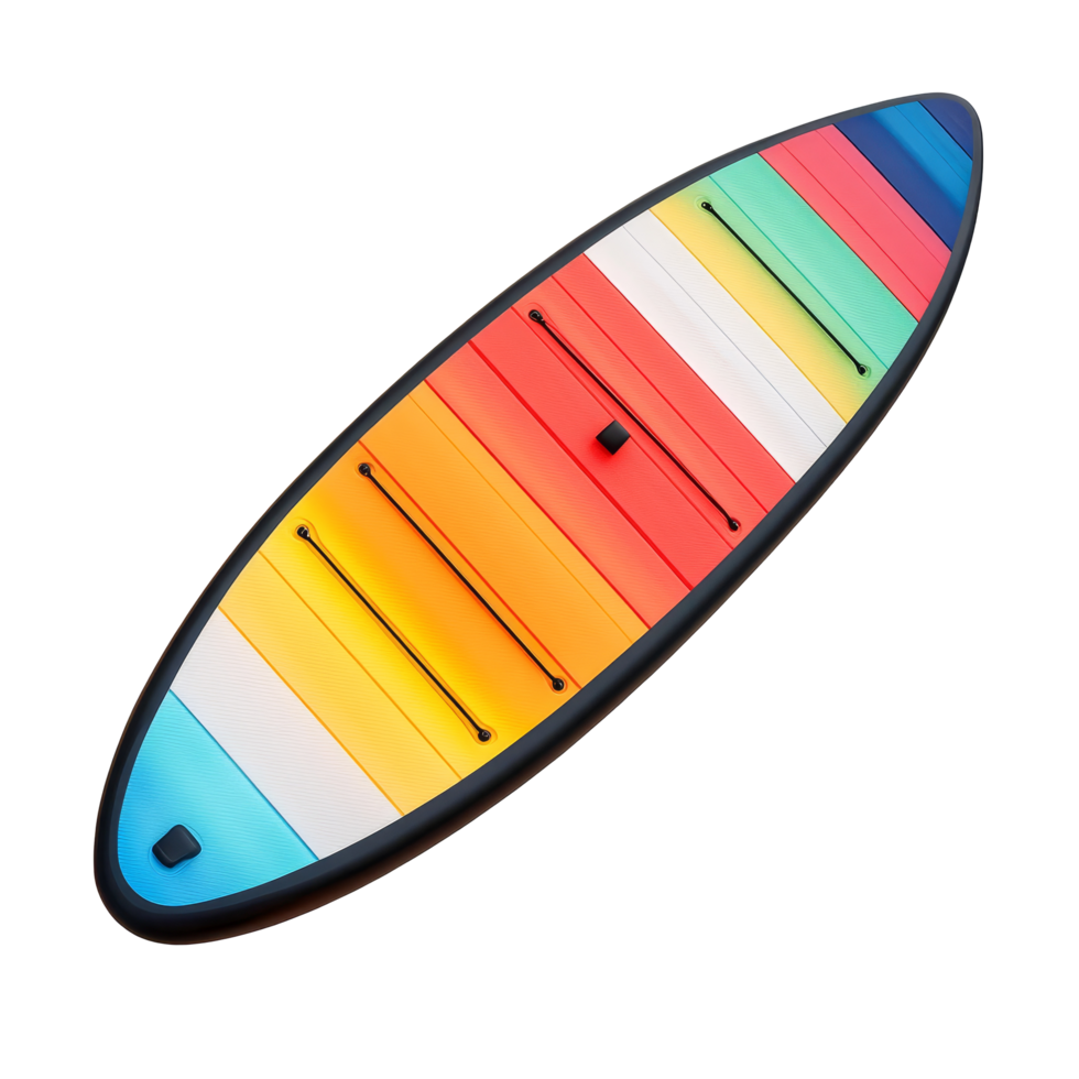 Colorful paddle board designed for summer fun on calm waters, showcasing vibrant bands of color against a pristine transparent background, Colorful paddle board isolated on transparent background png