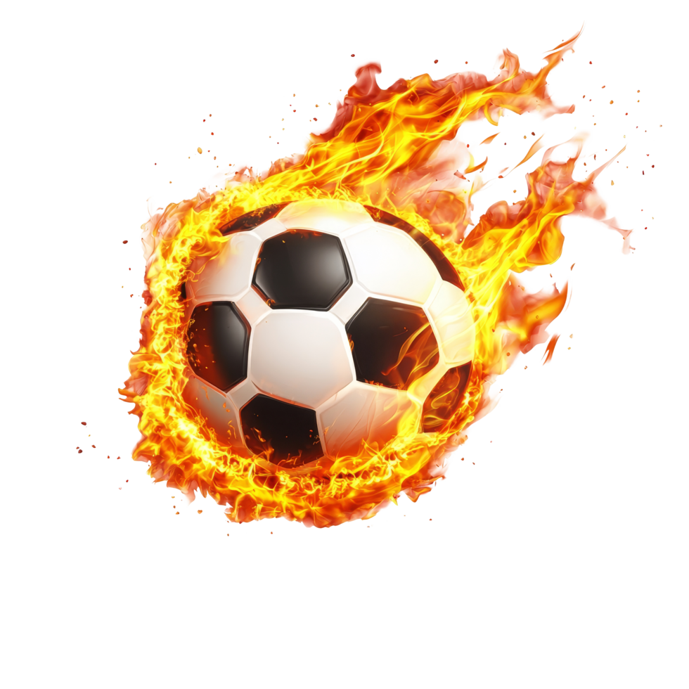 A soccer ball soars through the air surrounded by flames, showcasing an intense moment of action, soccer ball flying with burning fire flameisolated on transparent png