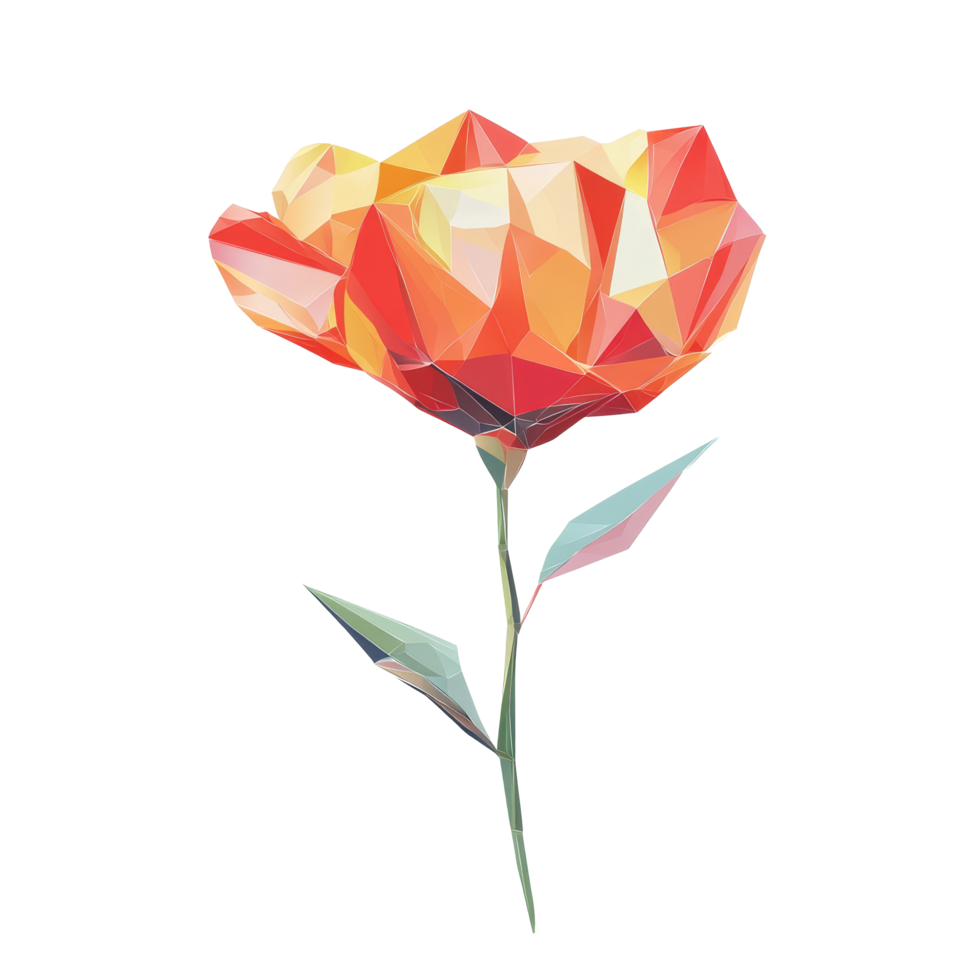 Colorful geometric polygonal flower with yellow and red hues on a clean transparent background, Polygonal flower on transparent background. Geometric polygonal flower transparent background png