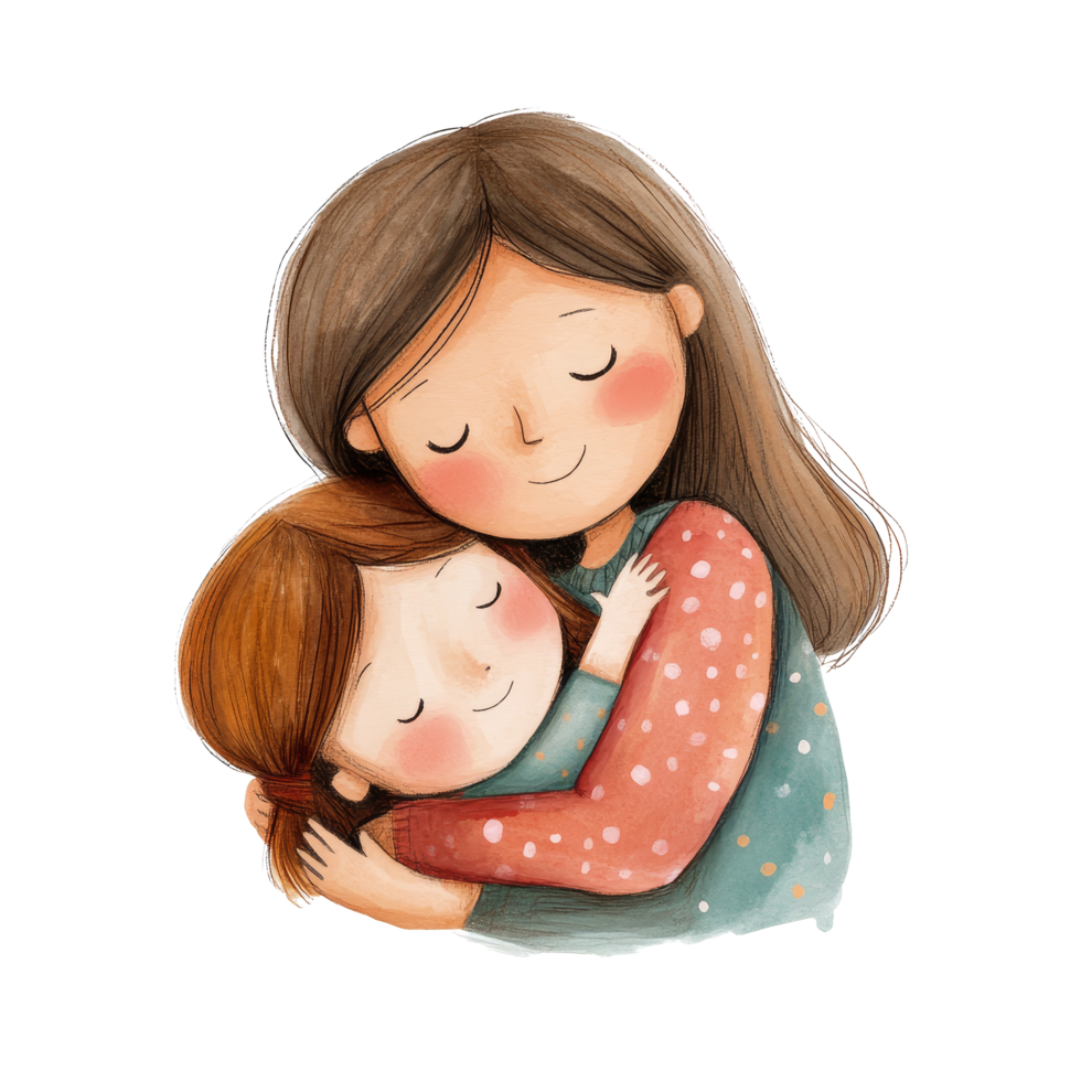 A heartwarming illustration of a mother and daughter embracing each other on a bright, transparent background, Mother and Daughter Hugging Illustration on transparent background png