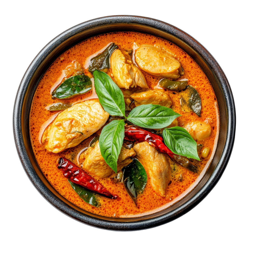 Experience authentic Thai spicy chicken curry simmered in creamy coconut milk with fresh herbs and spices, thaifood spicy chicken curry in coconut milk on transparent background png
