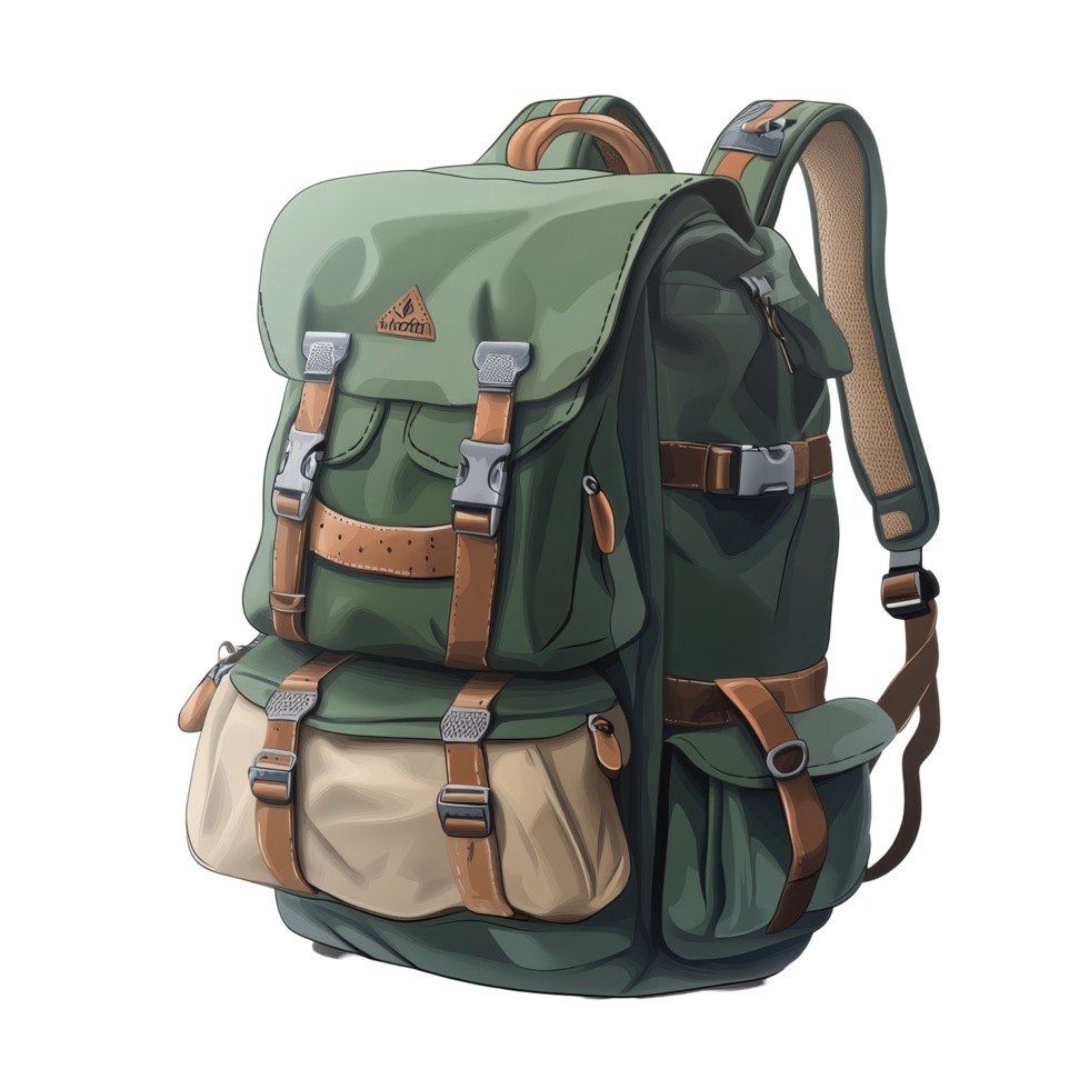 A large camping backpack in a vibrant green and beige design isolated on a transparent background, big camping backpack, file of isolated object with shadow on transparent background png