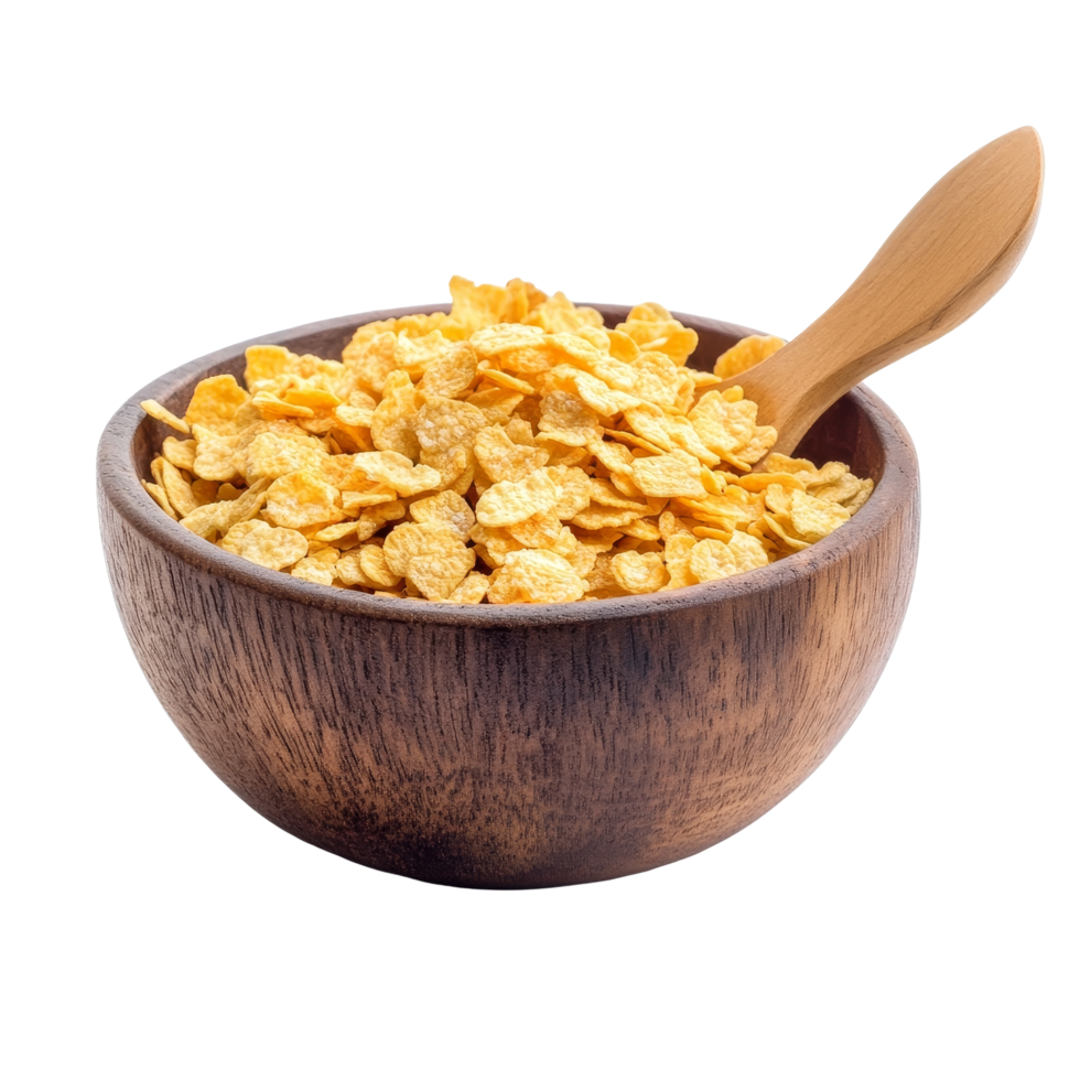 Corn flakes in a wooden bowl with a spoon on a transparent background, perfect for a healthy breakfast or snack any time of day, corn flakes in wood bowl and spoon isolated on transparent background png