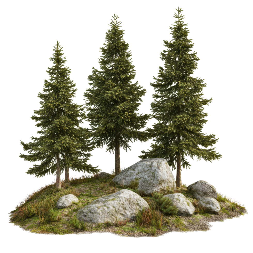 A tranquil spruce forest with rocky terrain showcasing natures beauty in a serene and isolated setting, spruce forest with rocks, file of isolated object on transparent background png