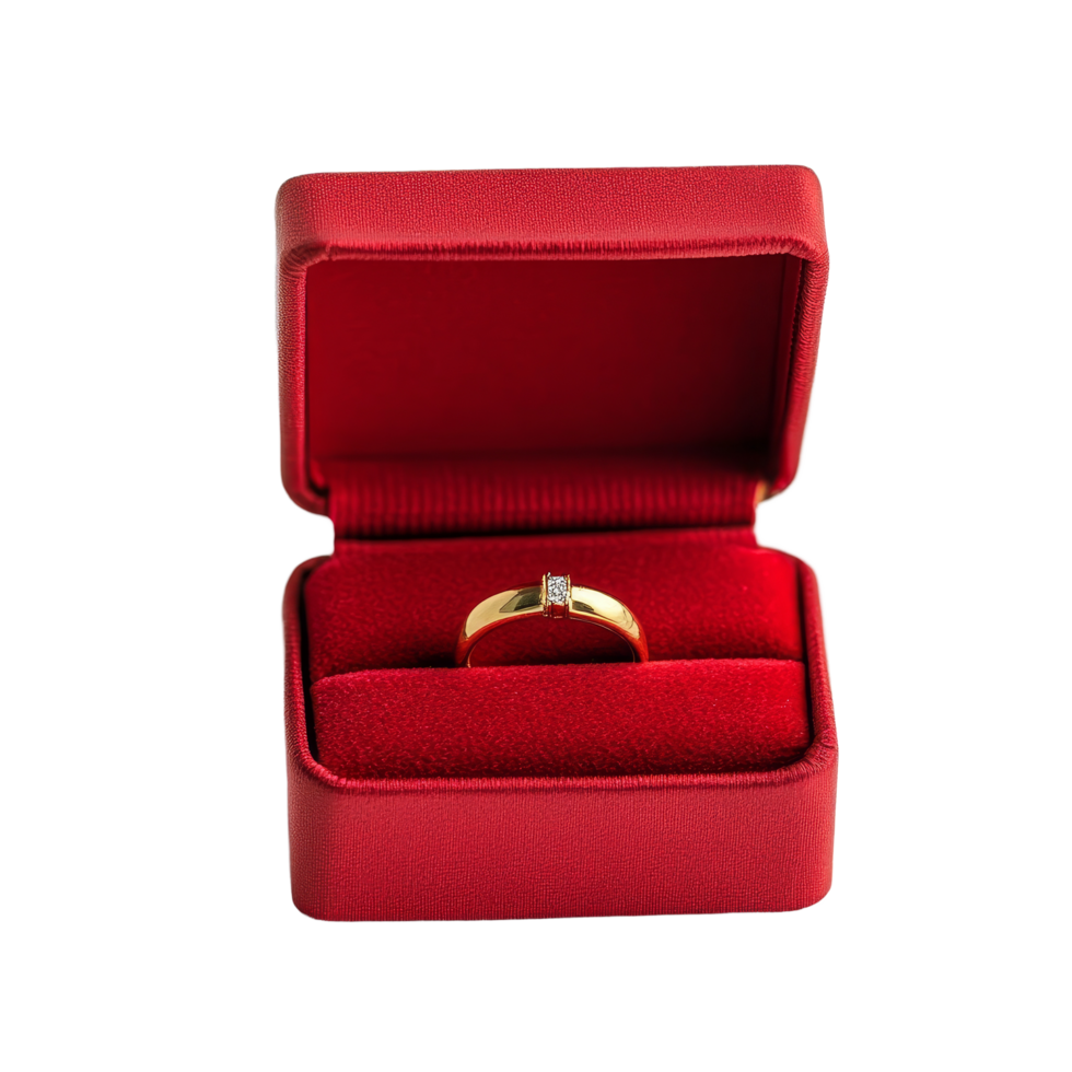 Elegant gold ring displayed in a red velvet box on a transparent background, perfect for proposals or special occasions, red box and gold ring on transparent background png
