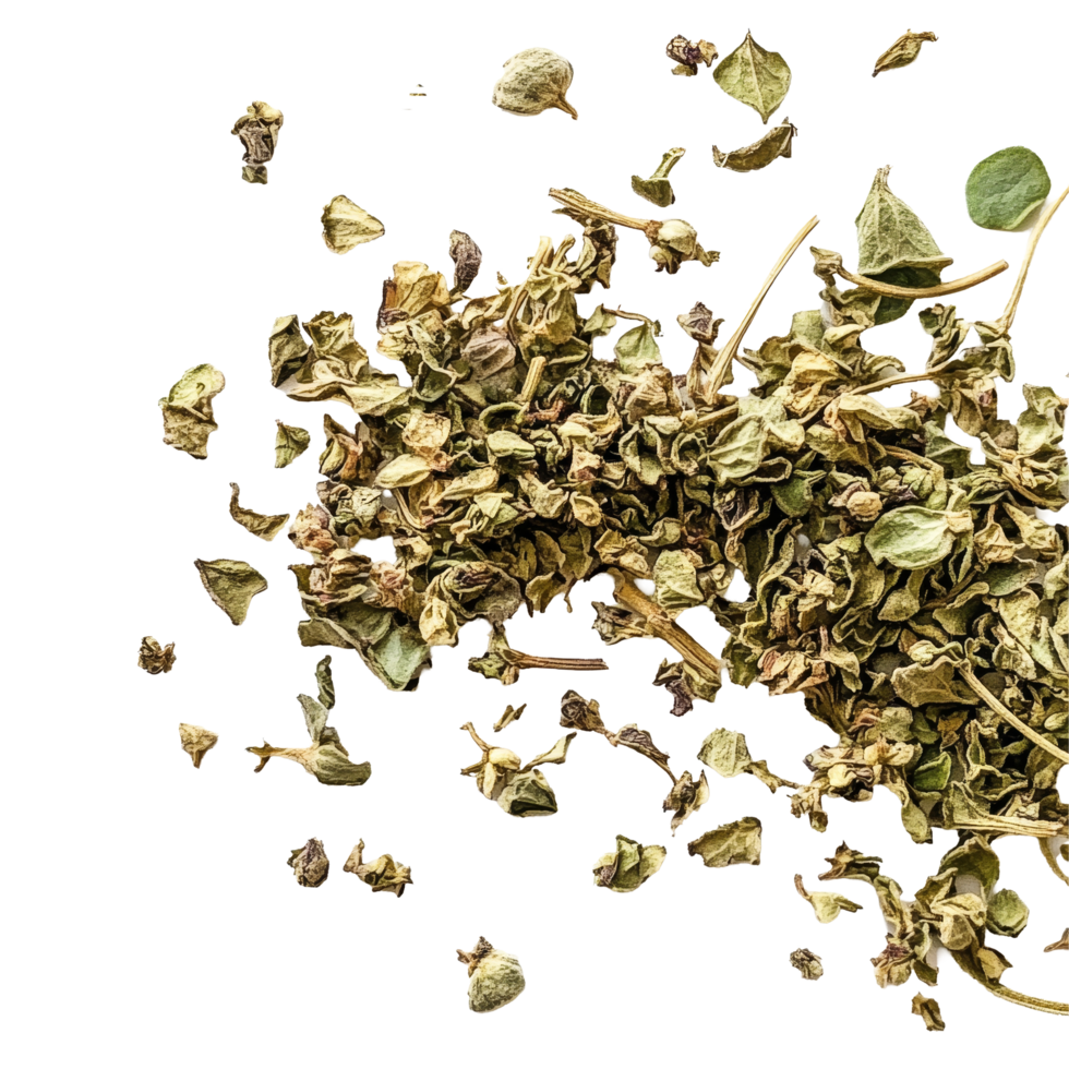 Dried oregano on a transparent background showcasing its texture and color for culinary use and food preparation, Dried Oregano on transparent background png