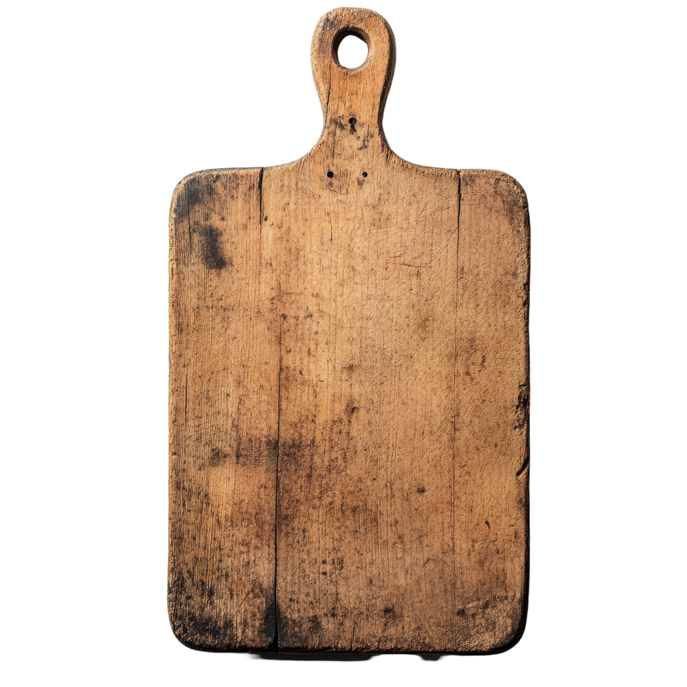 Isolated old wooden cutting board with rustic charm perfect for food preparation and kitchen decor, Isolated old dark wooden cutting board png