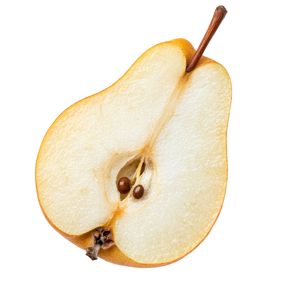 A fresh pear slice isolated on a transparent background showcasing its ripe color and texture, Pear slice isolated on transparent background png