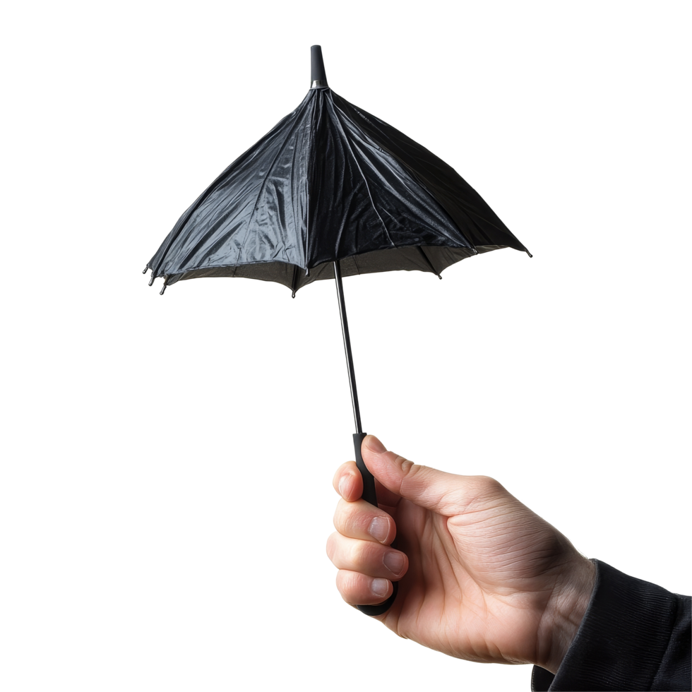 Person holds a folded black umbrella against a plain transparent background during cloudy weather, Folded umbrella in hand and single isolated on transparent png