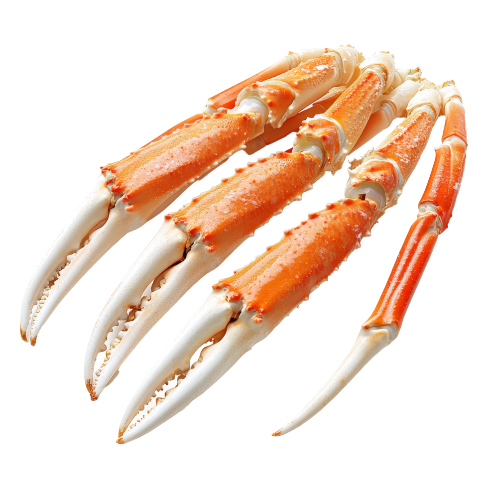 Freshly cooked crab legs ready to be enjoyed for a delicious seafood feast on a simple transparent background, Fresh tasty cooked crab legs on a transparent background. crab legs png