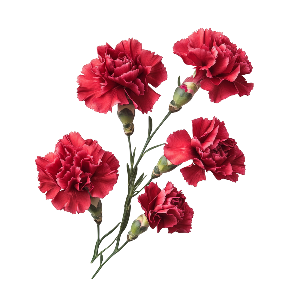 Carnation flowers in vibrant red hues arranged artistically on a transparent background for floral arrangements or decoration, of Carnation flowers isolated on transparent background png