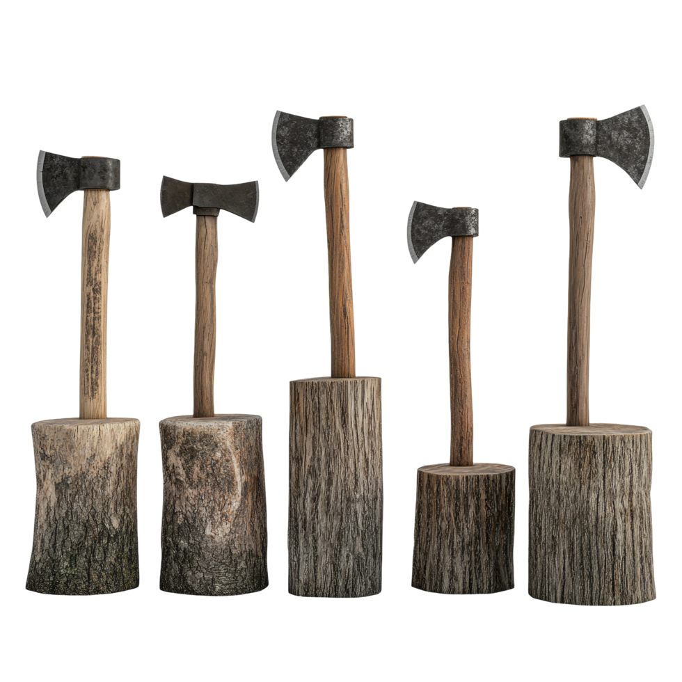 Axes resting on wood stumps against a transparent background illustrating rustic craftsmanship, Axes on Wood Stumps on transparent background png