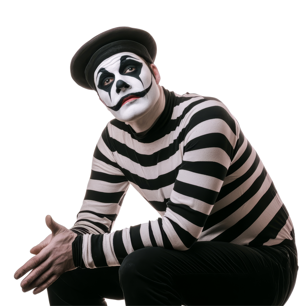 A male mime artist poses expressively against a plain transparent background showcasing theatrical body language and makeup, Male Mime Artist Isolated on transparent background png