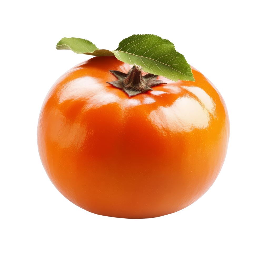 Fresh persimmon with a green leaf isolated on a transparent background showcasing its vibrant orange color and glossy texture, dried persimmon isolated on transparent background png
