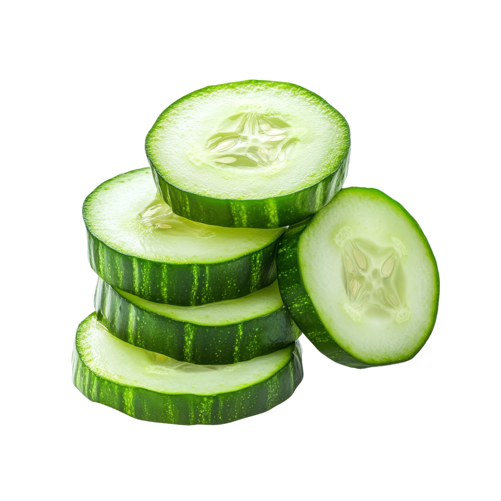 Freshly sliced cucumber rounds stacked on a transparent background ready for culinary use or garnishing dishes, Fresh sliced cucumber isolated on transparent background png