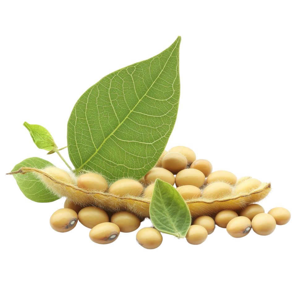 Soybean seeds and pods with green leaves isolated on a transparent background, showcasing their natural characteristics, Soy beans seeds isolated on trransparent png