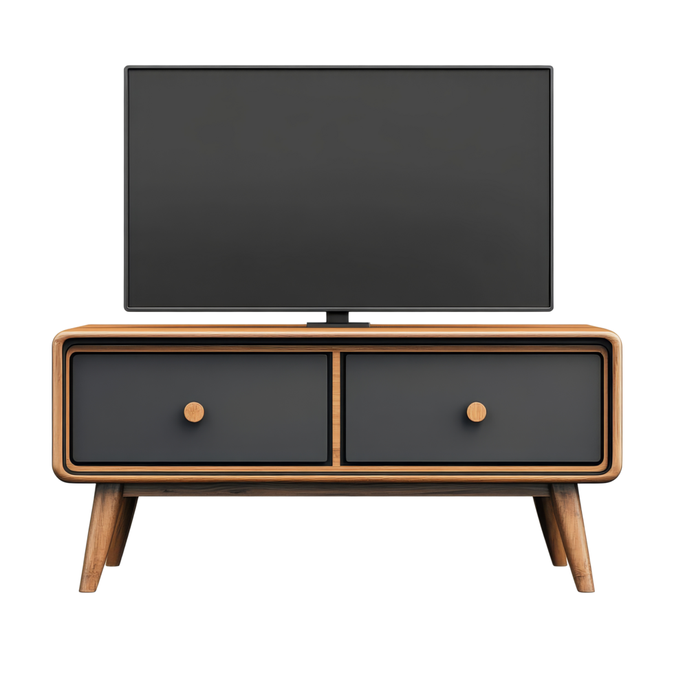 Stylish rectangular flat screen TV stand with drawers perfect for modern living room decor, TV Stand Rectangular or SquareShaped, Flat Screen Isolated on transparent Background png