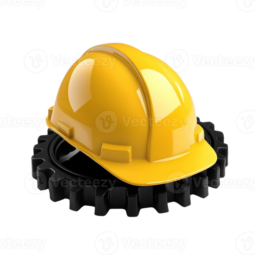 Yellow Hard Hat Resting On A Black Gear. cut out png