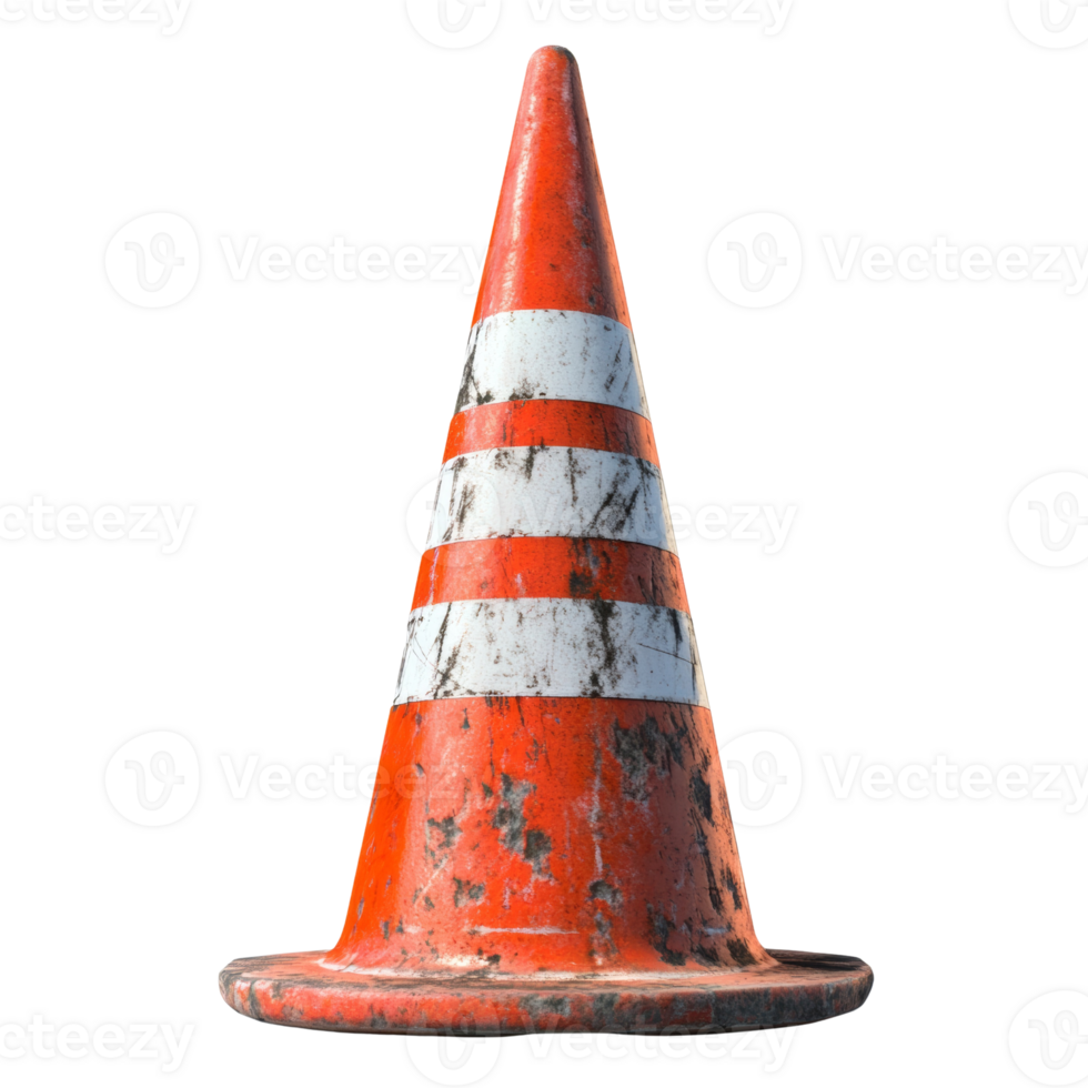 A weathered orange and white traffic cone stands . cut outalone png