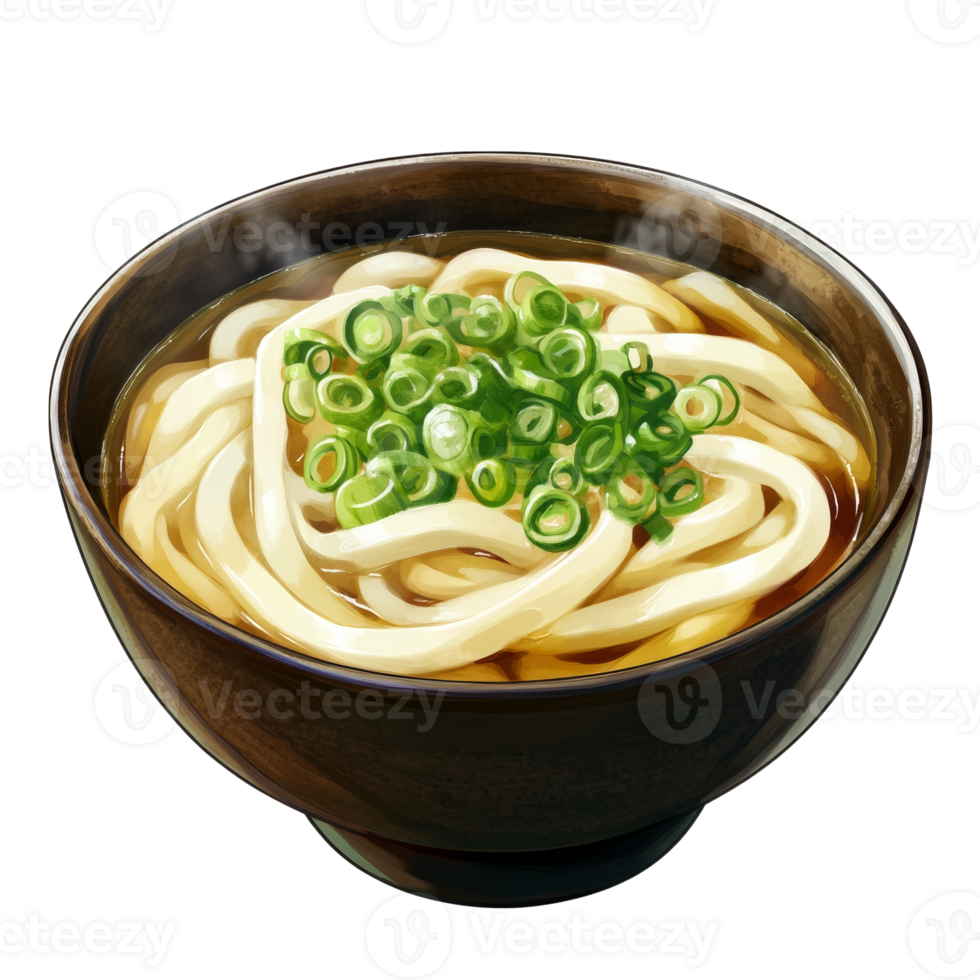 Steaming Bowl of Udon Noodles with Green Onions. cut out png