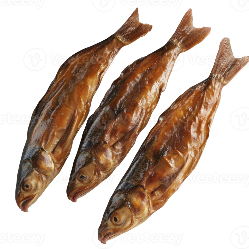 Three Smoked Fish Arranged in a Row. cut out png