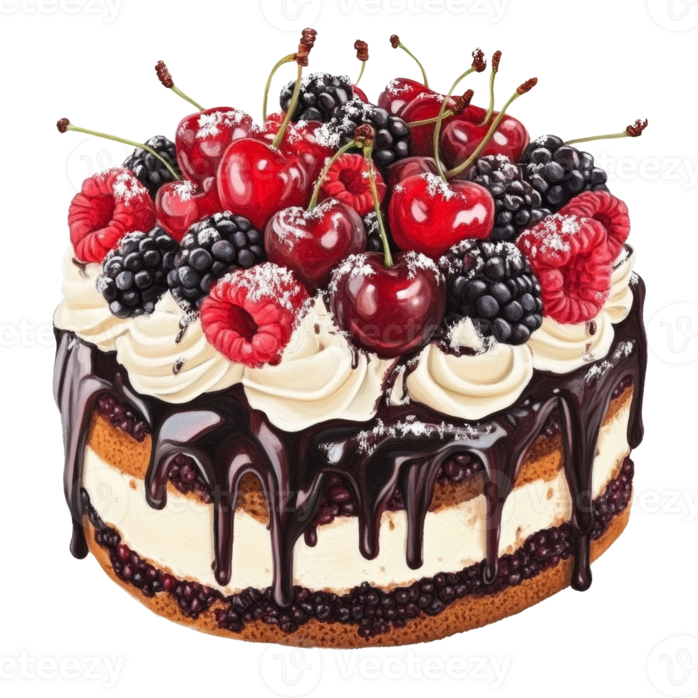 Delicious Cake Topped With Cherries Raspberries And Blackberries. cut out png