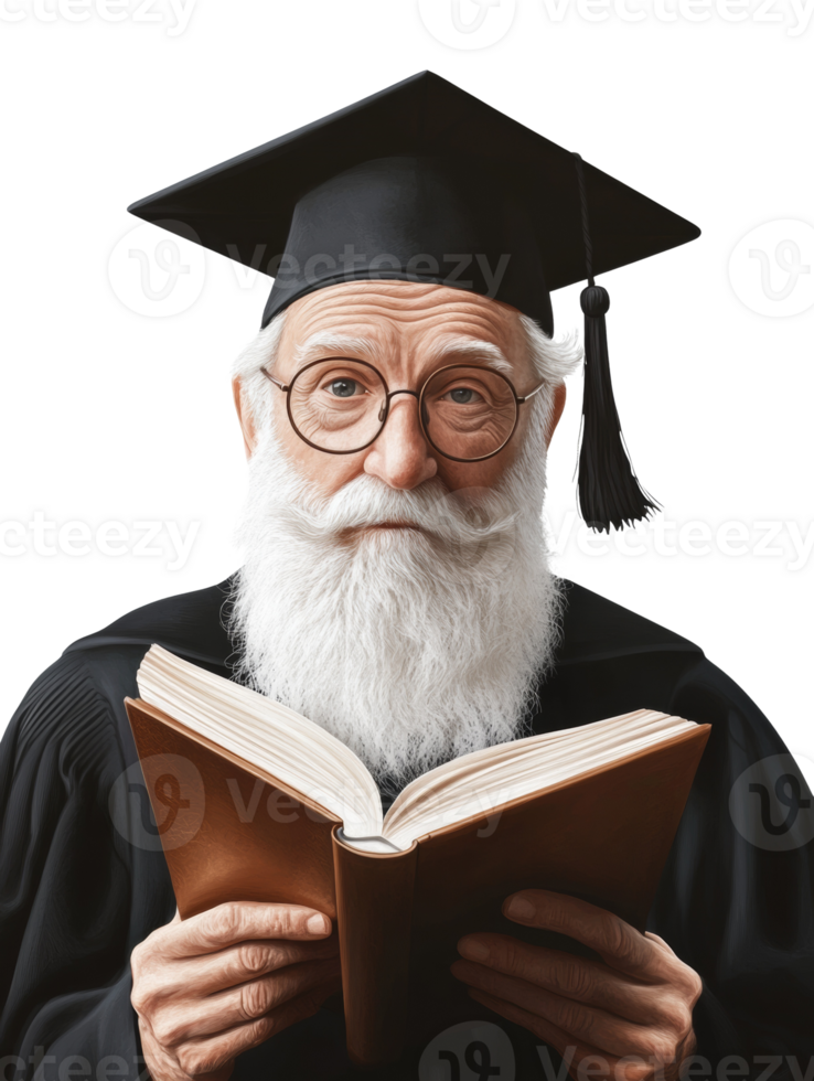 Elderly Professor Reading a Book in Graduation Gown. cut out png