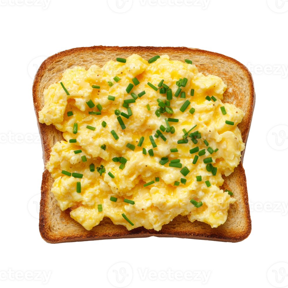 Scrambled eggs on toasted bread with chives. cut out png