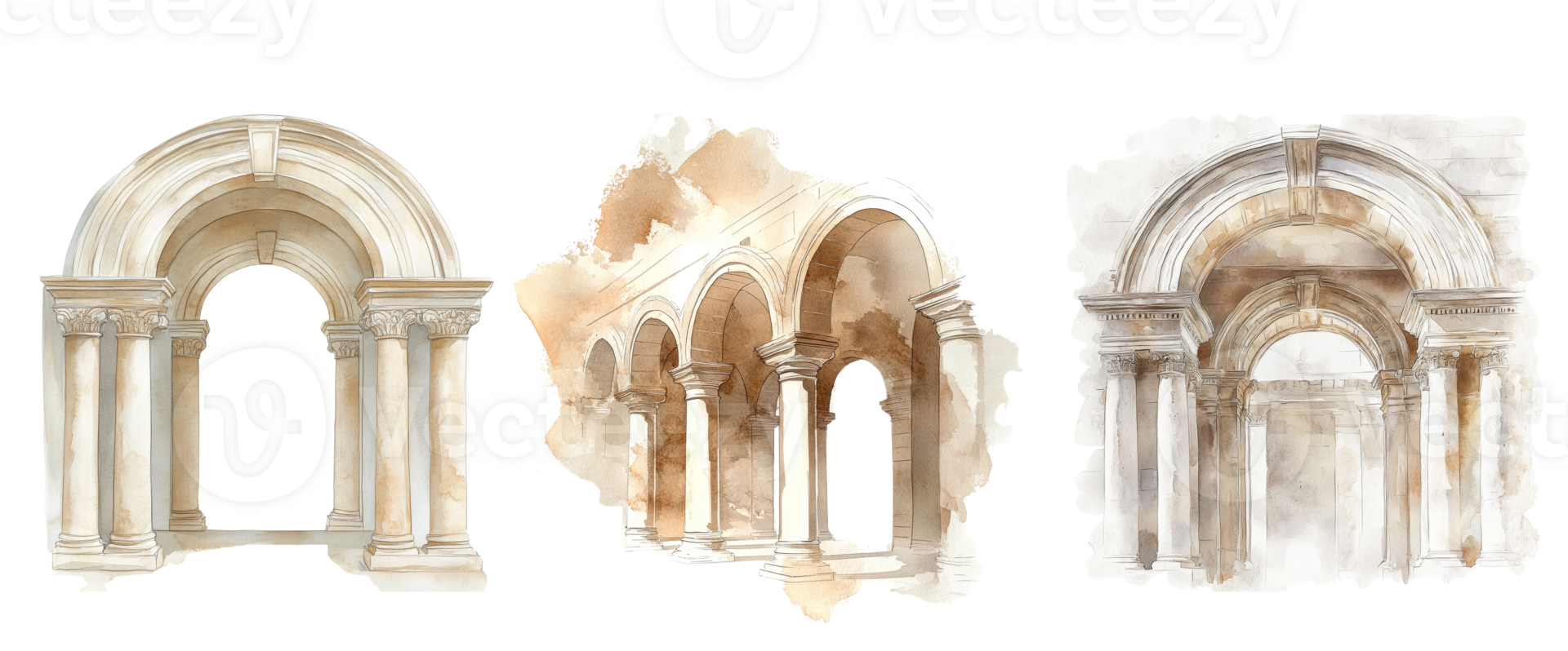 Watercolor Paintings of Architectural Arches and Columns png