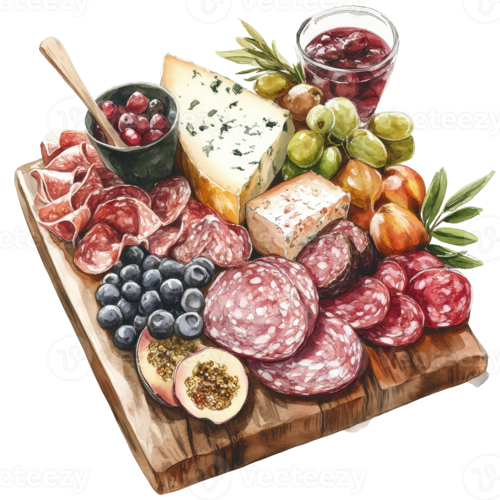 Watercolor Painting of a Gourmet Cheese and Meat Board png