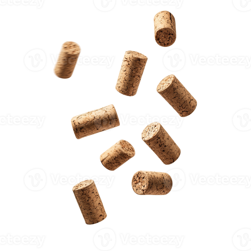 Wine corks falling against a transparent background. png
