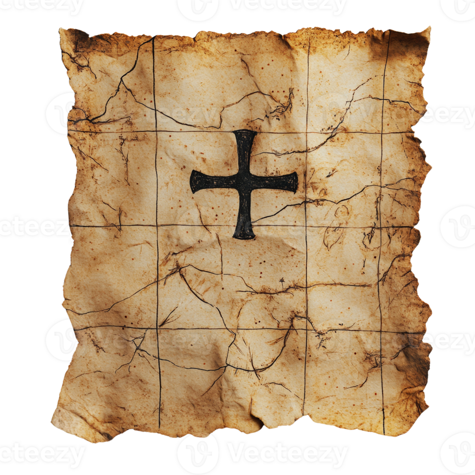 Ancient Torn Parchment Map Showing A Cross png