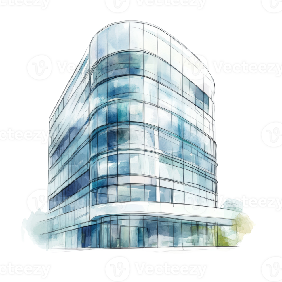 Modern Glass Building Architectural Watercolor Sketch png