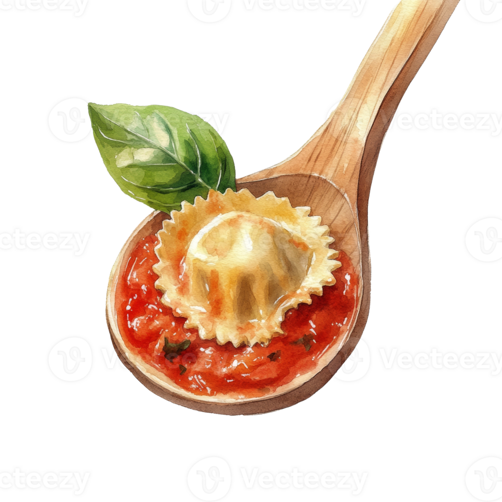Ravioli in tomato sauce on a wooden spoon with basil png