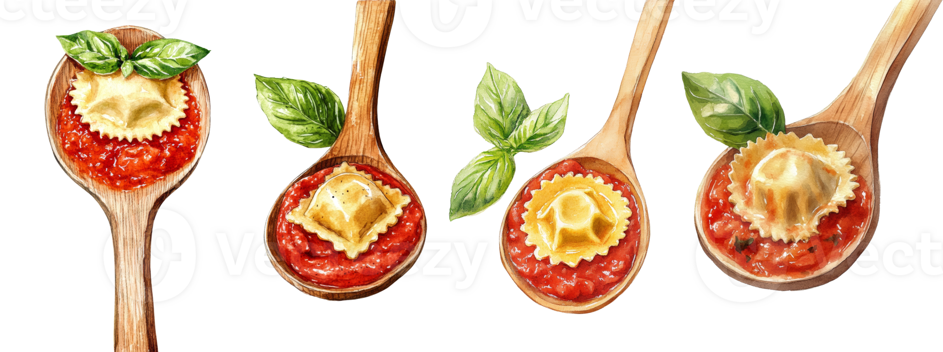 Ravioli in Tomato Sauce on Wooden Spoons with Basil png