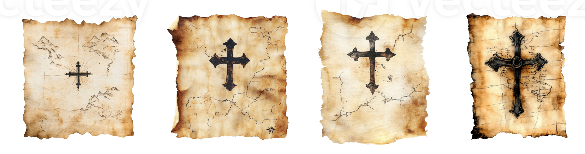 Ancient Maps Featuring Ornate Crosses and Terrain Details png