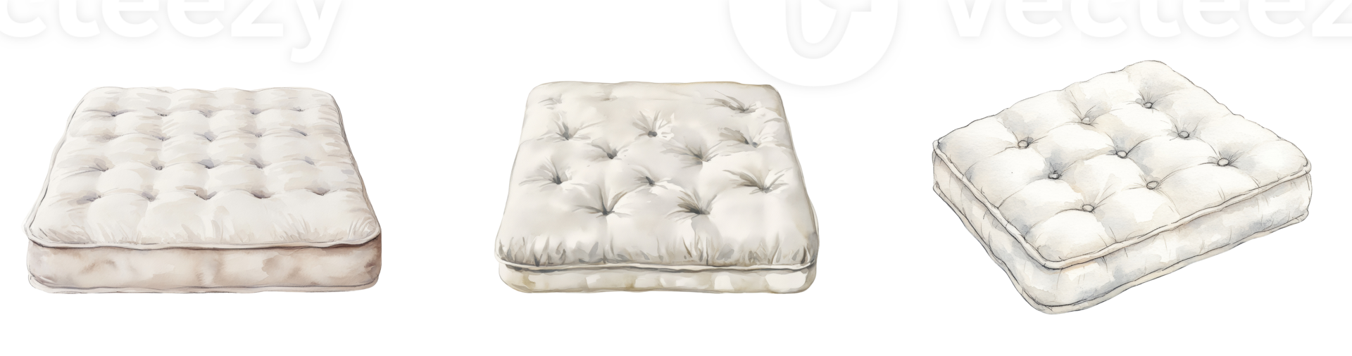 Three tufted mattresses shown in various shapes and sizes png