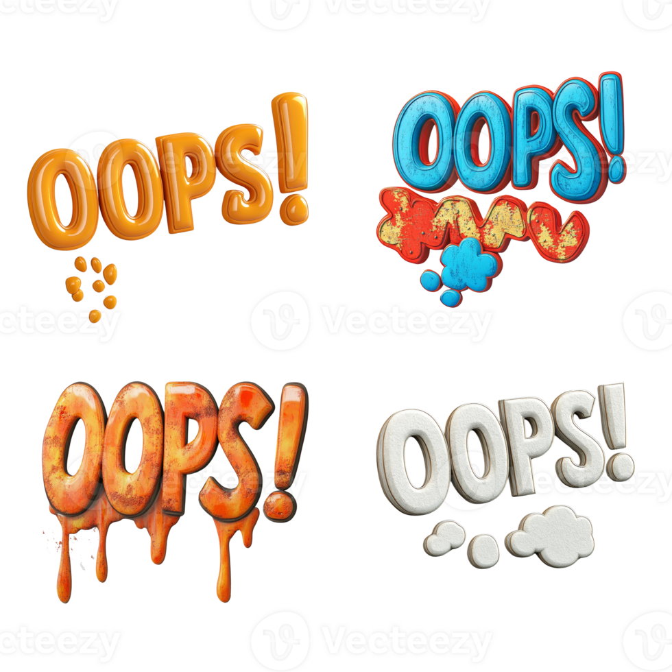 Four stylized Oops text designs in various textures and colors png